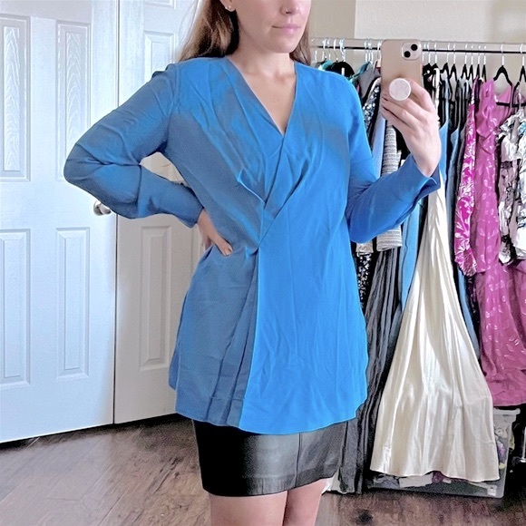 Alfani Cobalt Blue Pleated V Neck Long Sleeve Tunic Top Blouse Work Women M New - Picture 1 of 7
